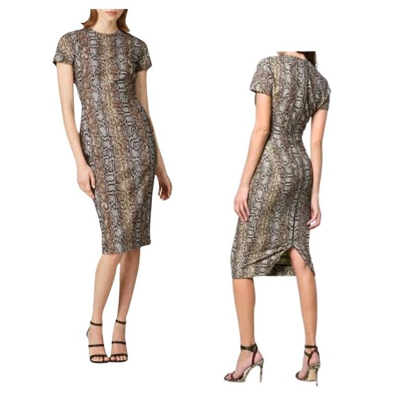 VICTORIA BECKHAM Brown Snake Jacquard Sheath Midi Dress Cap Sleeve Sz UK 8/US 4 - Picture 7 of 10